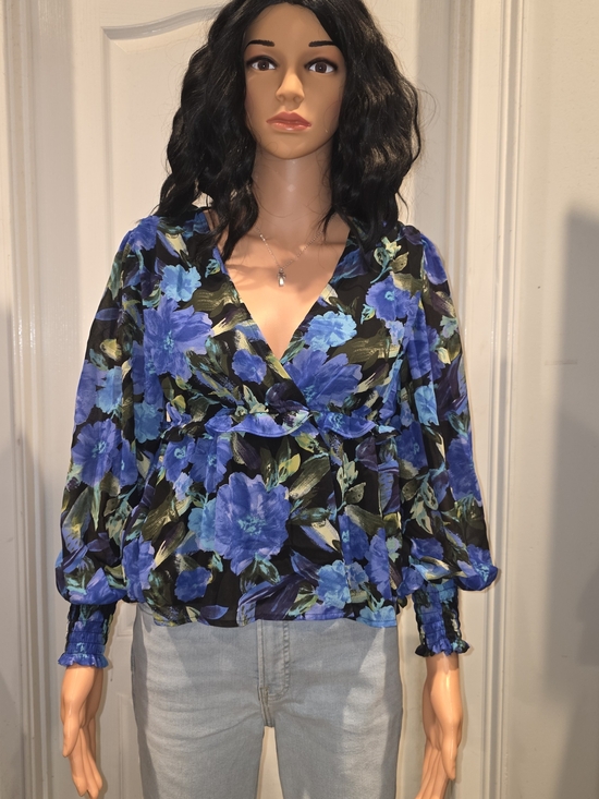 Blu Pepper Tops - Blu Pepper Blue Floral Wrap-Style Blouse